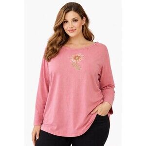 Bob Mack Wearable Art Women’s Plus Size 1X Pink Embroidered Long Sleeve Top